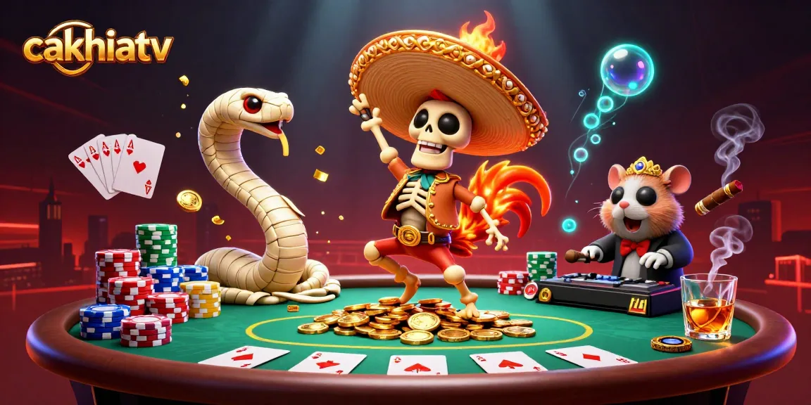 CakhiaTV showcases an exciting 3D scene with the skeleton rooster and poker elements celebrating a big win.