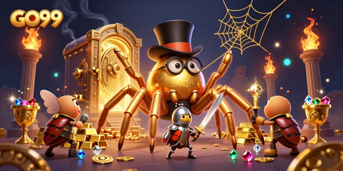 Engage with GO99’s vibrant casino adventures, featuring a giant golden tarantula and brave beetle knight.