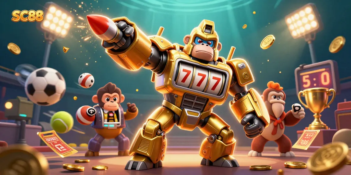 Engage with SC88's dynamic gaming world featuring a golden gorilla mech and flying sports elements for an immersive betting experience.