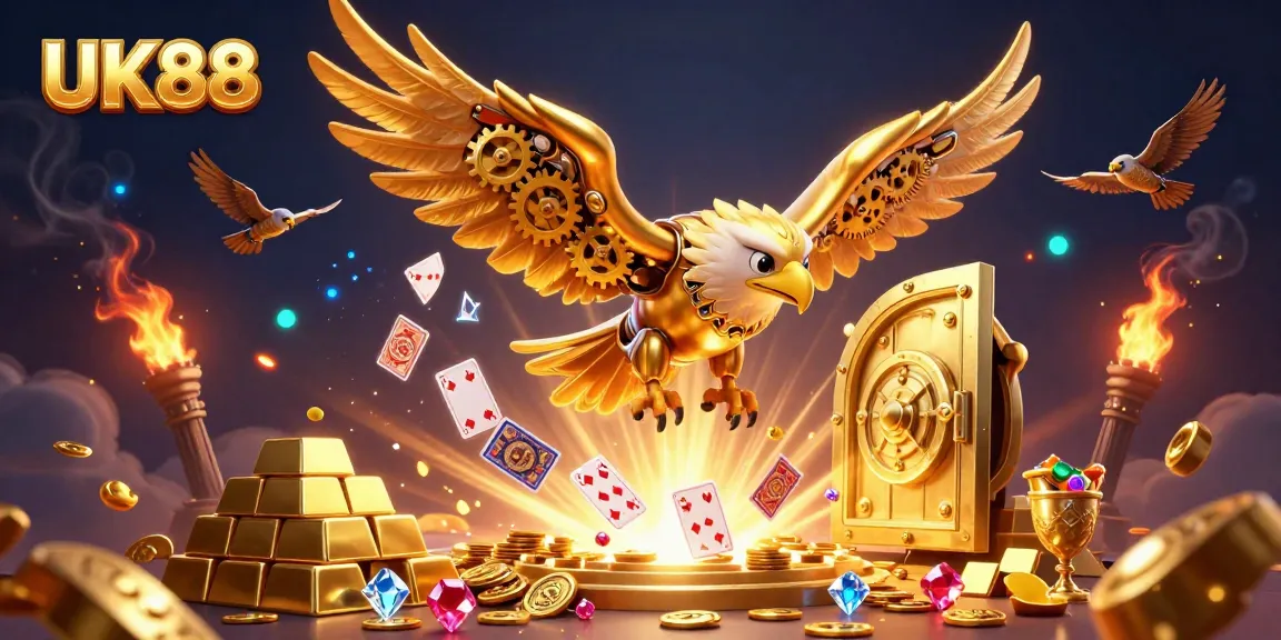 Experience breathtaking UK88 action with 3D golden eagle amidst shimmering casino treasures.