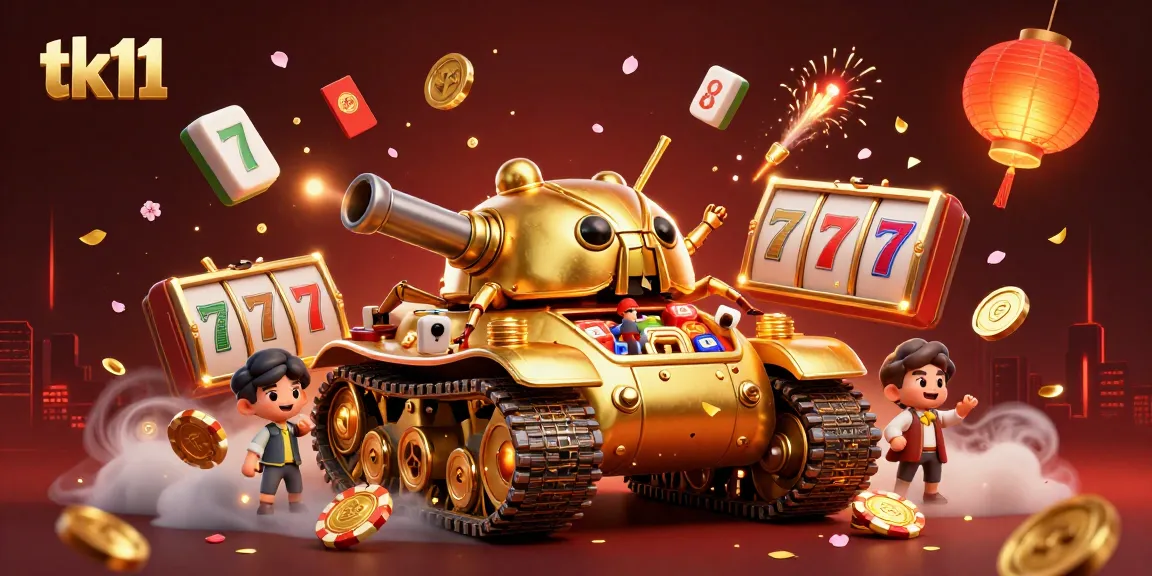 Win big at tk11 with this engaging scene showcasing a golden tank casino and floating slot reels.