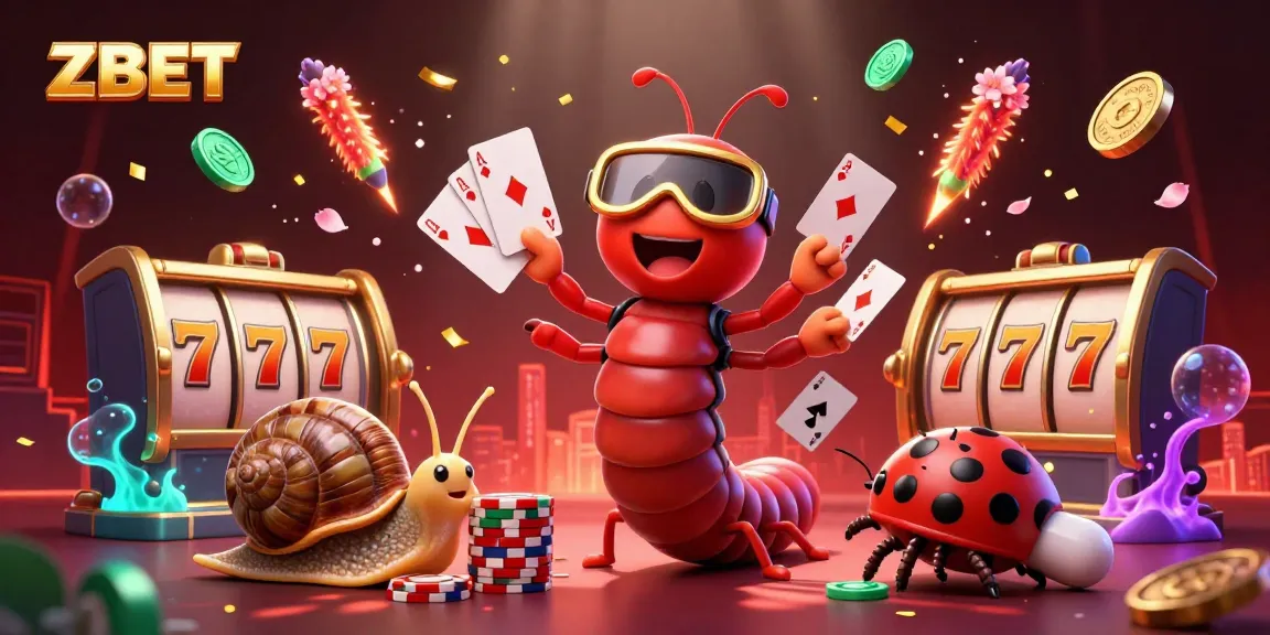 ZBET showcases an exciting casino scene with a millipede dealer and high-roller characters amidst spinning slot reels.